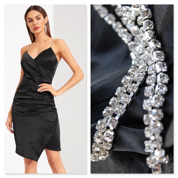 Rouge! Dresses & Skirts - Black Satin Wrap Rhinestone Ruched Bodycon Dress